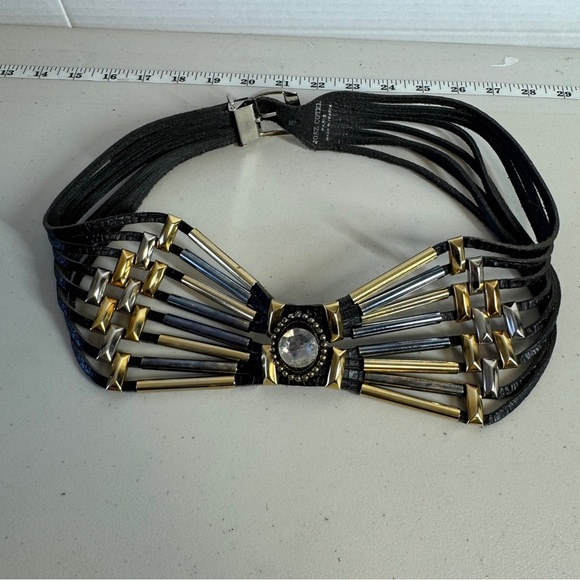 Vintage 80s Rare Jose Cotel Paris Black Jeweled Art Deco Leather Belt - Picture 3 of 16